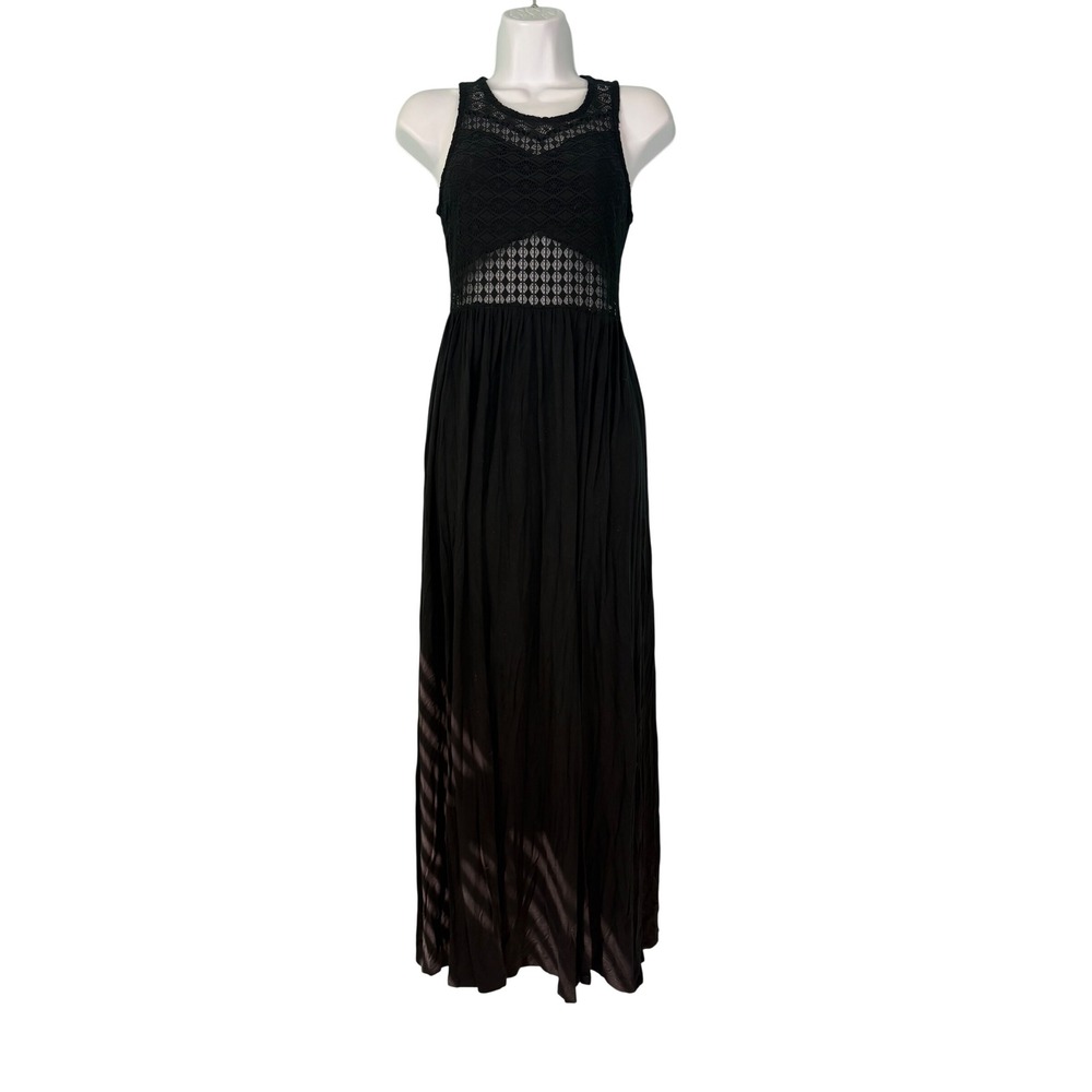 Material Girl Black Lace Bodice Maxi Dress Sleeveless Slit Small Goth Festival‎